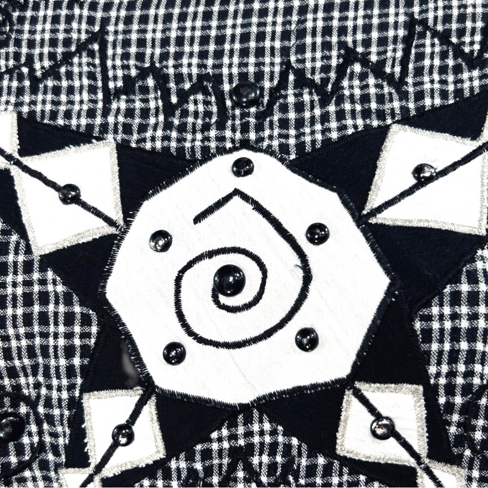 4/$20 Vintage Donna Toran Check Top Black White Embellished Dolman Sleeve Blouse - Picture 5 of 7